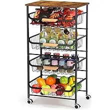 HEOMU 5 Tier Rolling Kitchen Storage Cart, Metal Snack Cart with Wheels, Kitchen Cart with Drawers for Kitchen, Bathroom, Living Room, Bar, Office, Black