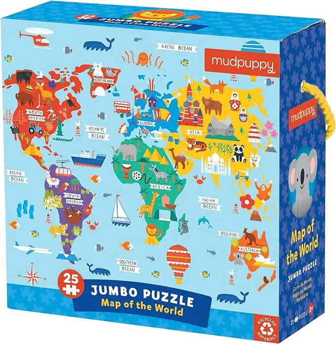 Mudpuppy Map of The World Jumbo Puzzle, 25 Pieces, 22” x 22” – Map Jigsaw Puzzle for Kids with 25 Oversized Pieces, Learning Puzzle Ideal for Ages 2+ – Makes a Great Gift Idea