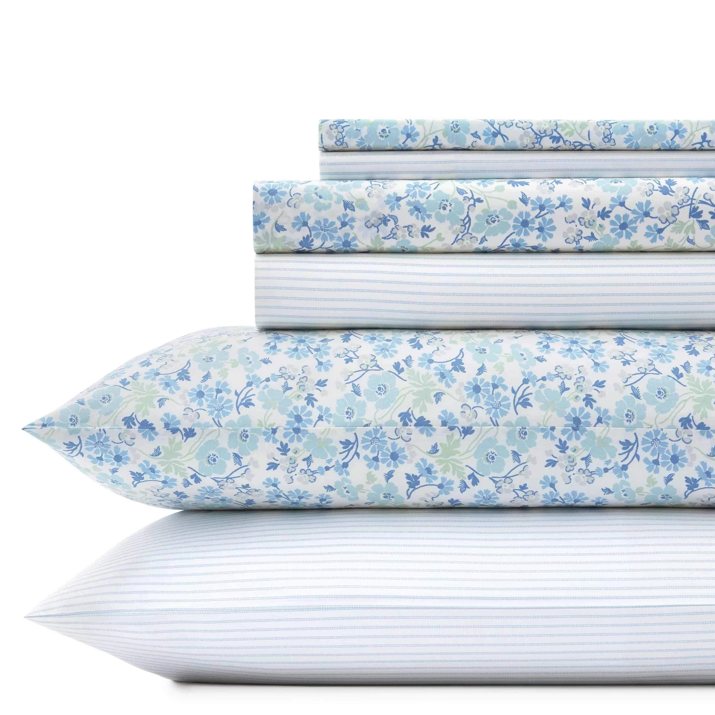 Laura Ashley 6-Piece Sheet Set Queen Easy-Care Cotton Blue Floral and Striped