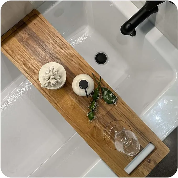 Zeek Bathtub Caddy Tray Solid Natural Wood Bath Board Charcuterie Serving Gift