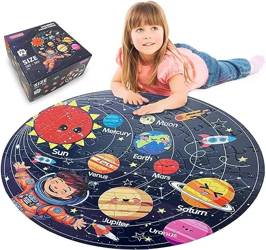 Solar System Large 70 Piece Round Jigsaw Puzzles Toys for Kids 3-10 Popular Gifts with Planets & Space Kids Solar System Toys