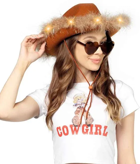 Fashionable Brown Cowgirl Hat with Glasses - Halloween Light Up Cowboy Hat - FUNCREDIBLE