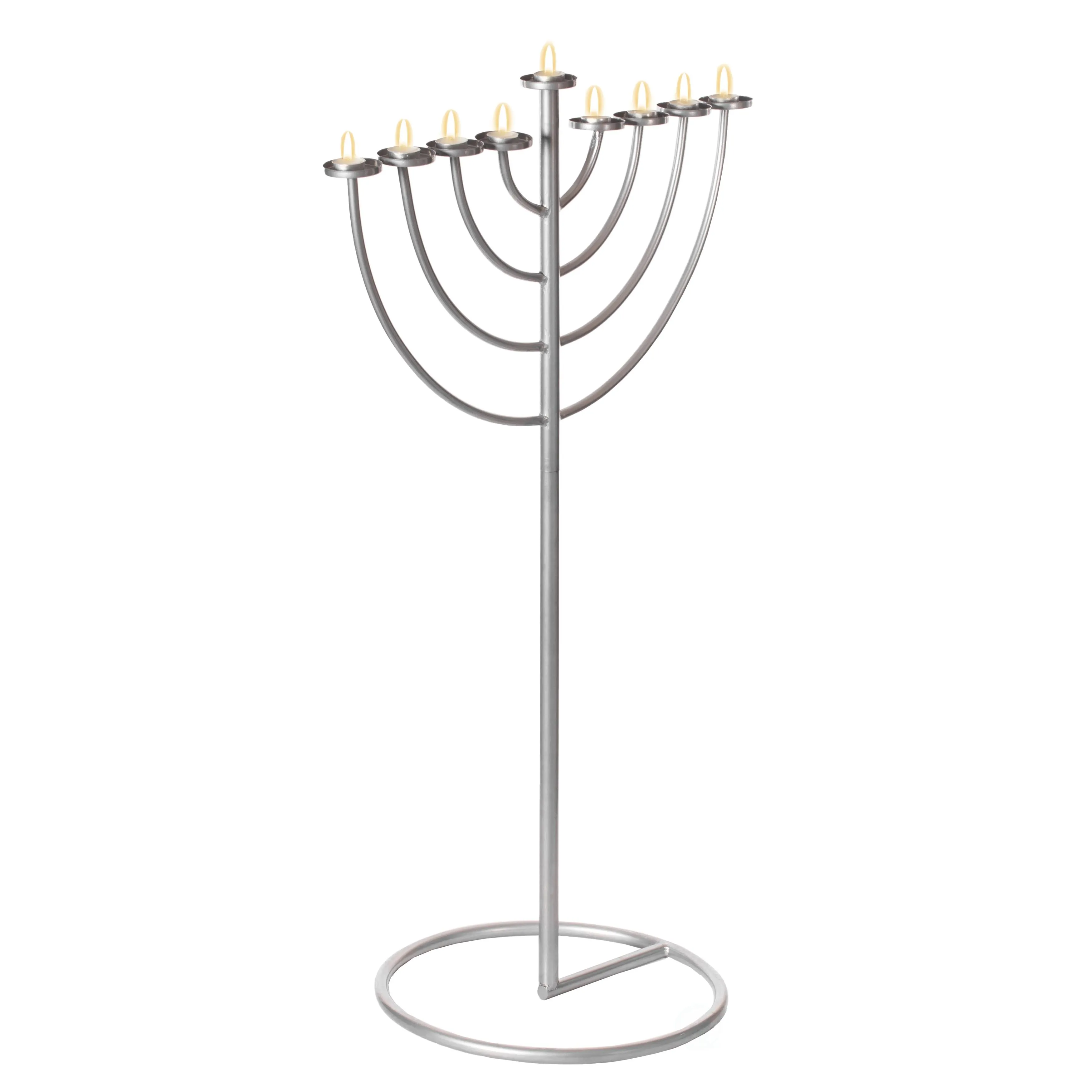 Medium Modern Silver 9 Branch Lighting Thin Pipe Hanukkah Menorah, Metal-Aluminum