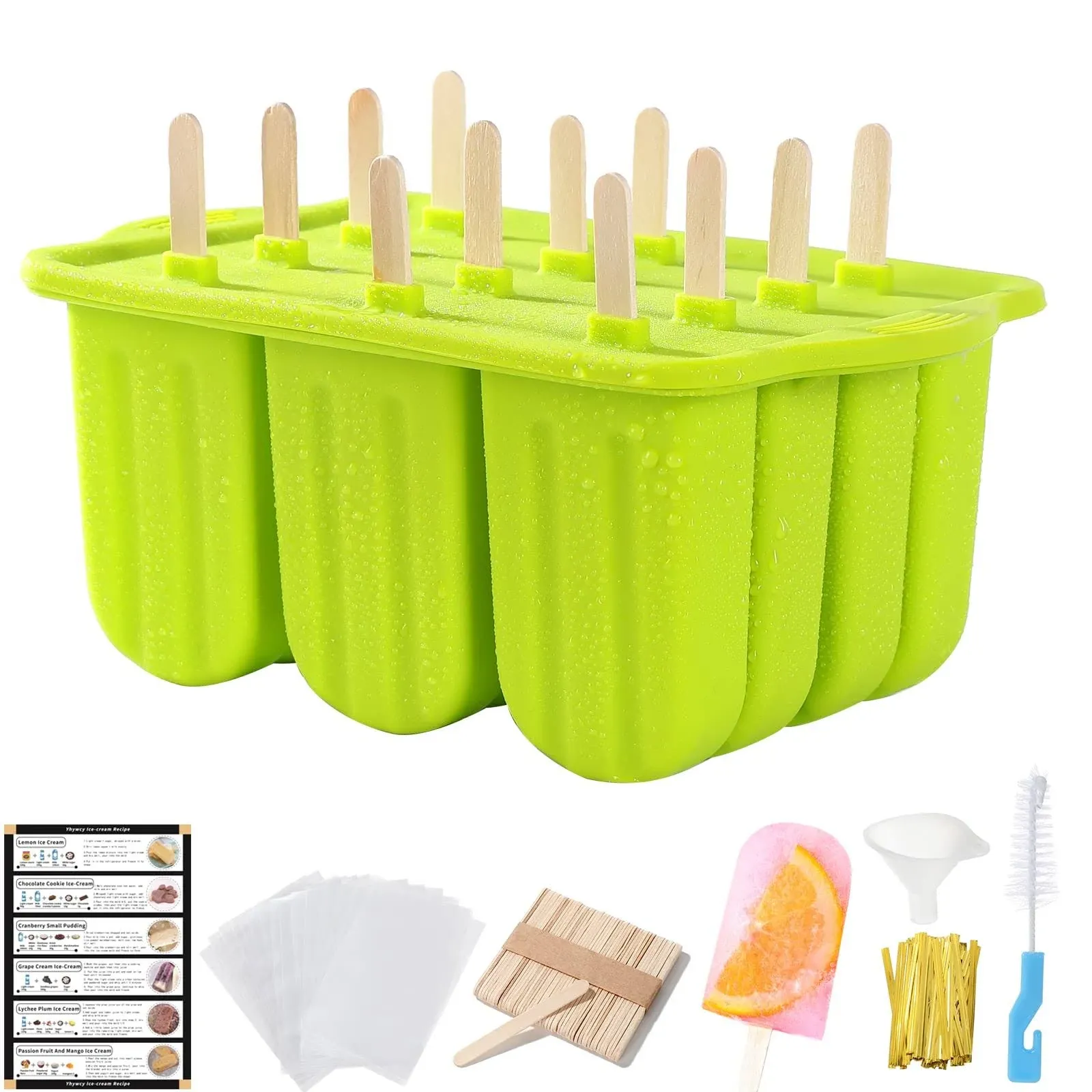 Popsicles Molds Set, 12 Cavity Homemade Maker Ice Pop Mold, Silicone Freezer Molds with 50 Popsicle Sticks 50 Popsicle Bags 50 Ties Funnel Recipes and Cleaning Brush