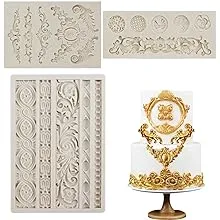 3 Pieces Baroque Fondant Molds Scroll Border Lace Silicone Molds Curlicues Gum Paste Candy Chocolate Molds for Cake Decorating Sugar Craft Polymer Clay