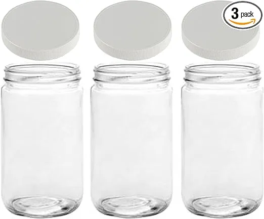 Mason Jars 32 Oz Glass Extra Wide Mouth Quart Storage Jars With Lids - BPA Free Plastic Storage Lids - Made in USA - Quart Glass Jars 32 oz with Lids (Set of 3)