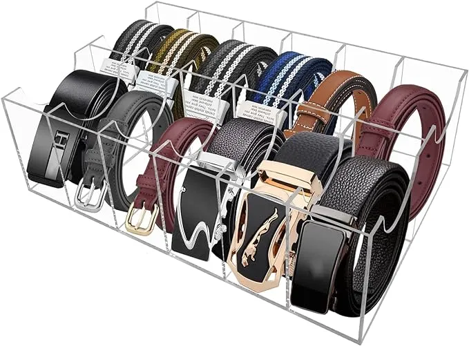 Belt Organizer, Acrylic 12 Compartments Belt Container Storage Holder, Acrylic Belt Display Storage Box, Clear Belt Display Case for Closet Tie and Bow Watch Jewelry Bracelets Ring Cosmetic…