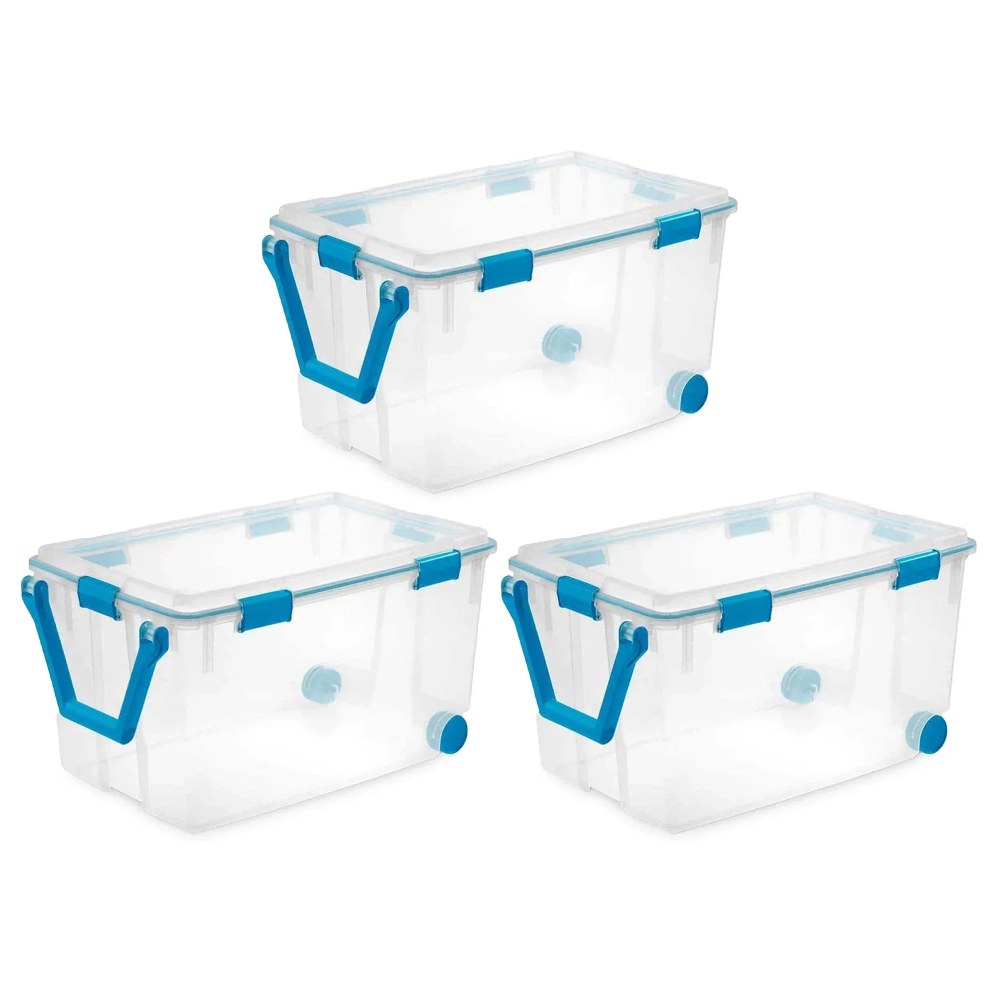 Sterilite 120 Qt Clear Plastic Wheeled Bin w/Gasket Latch Clear Lid, 6 Pack