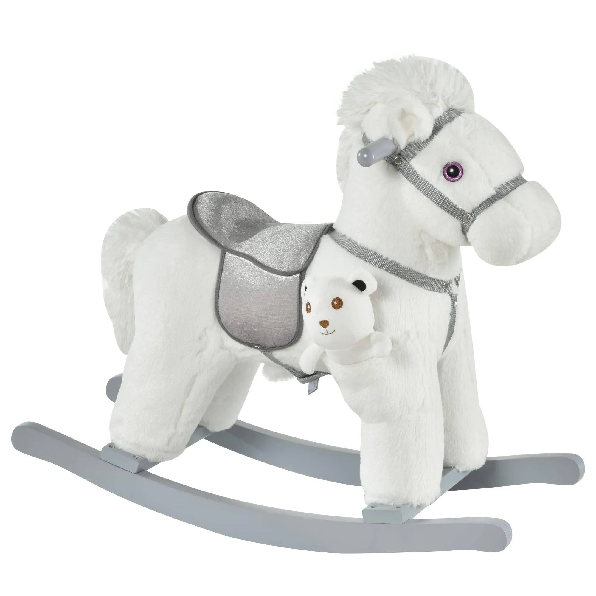 Qaba Kids Plush Ride-On Rocking Horse with Bear Toy Children Chair with Soft Plush Toy & Fun Realistic Sounds White