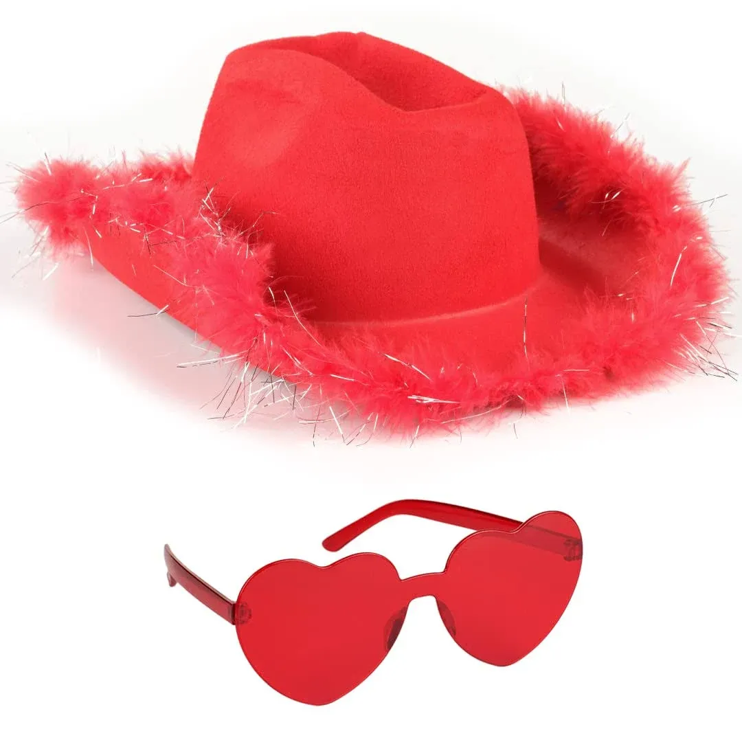 Funcredible White Cowboy Hat and Glasses - Light Up Cowgirl Hat for Girls - Cowboy Hat with Feathers