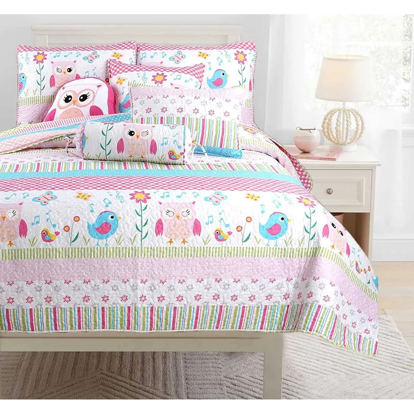 Cozy Line Home Fashions Happy Owl Pink Reversible Quilt Bedding Set, Coverlet, Bedspreads for Girls (Happy Owl, Twin - 2 Piece)