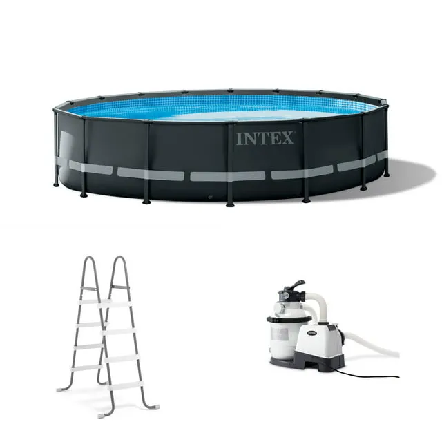 Intex Ultra XTR 16ft x 48in Outdoor Above Ground Swimming Pool Set w/Pump Bundle w/ 700 Gal Per Hour Pool Cleaner Robot Vacuum & 21 Ft Hose