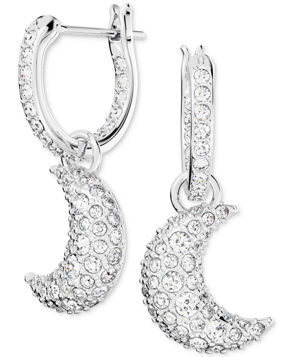 Rhodium-plated Pave Moon Charm Hoop Earrings In Silver