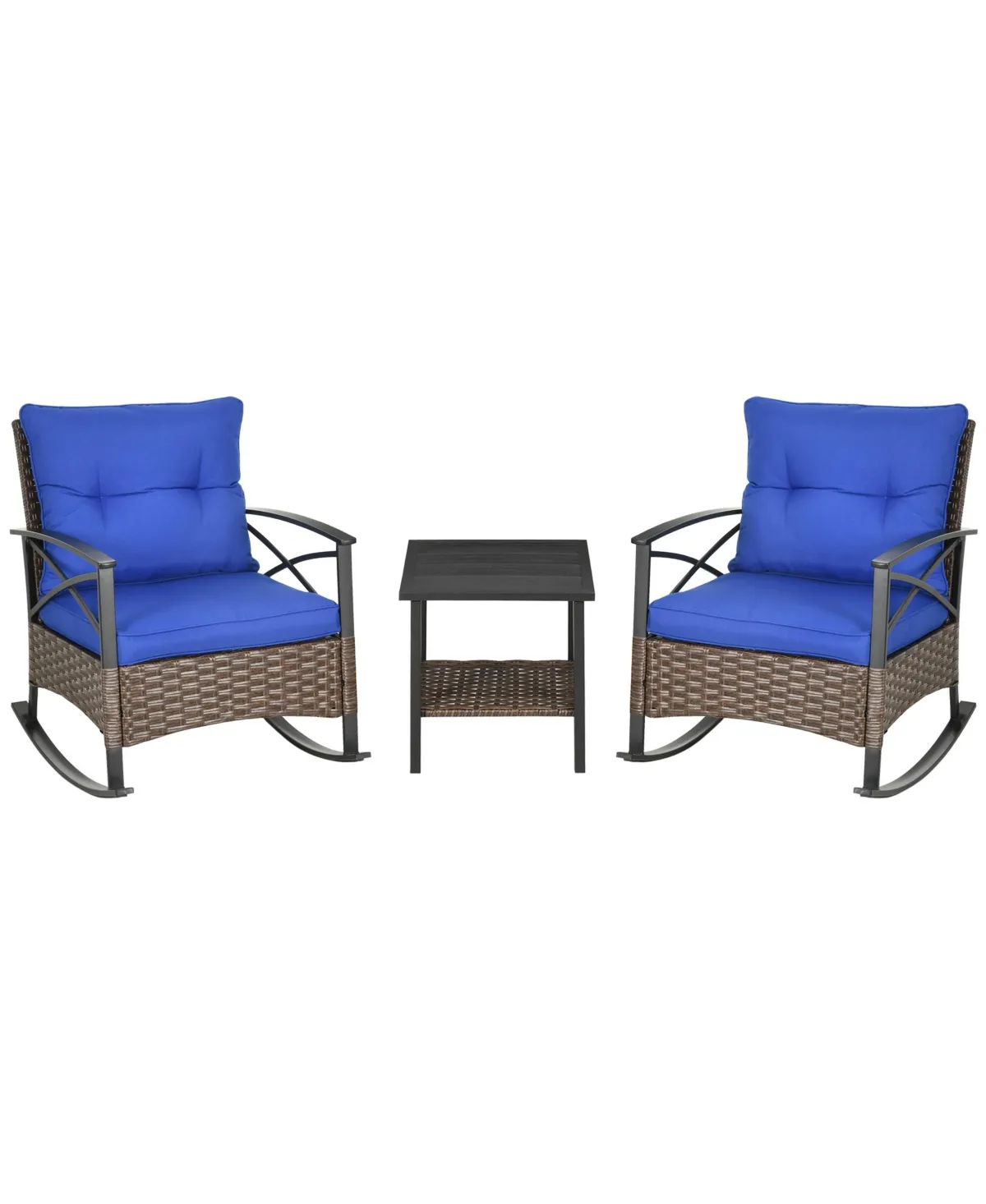 Outsunny 3 Piece Patio Rocking Chair Set, Outdoor Wicker Bistro Set with 2 Cushioned Porch Rockers and 2 Tier Coffee Table for Garden, Porch, Backyard, Blue