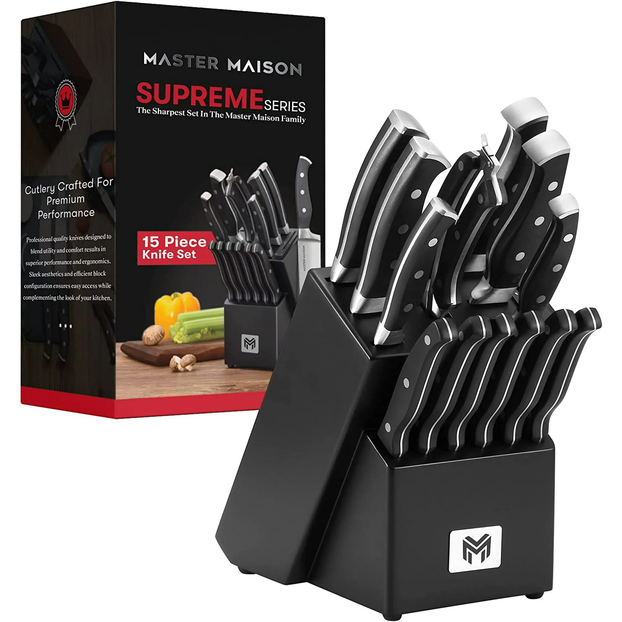 Master Maison 19-Piece Kitchen Knife Set with Wooden Block and Knife Sharpener - Stainless Steel Cutlery (Black)