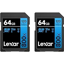 Lexar High-Performance 800x 64GB (2-Pack) SDXC UHS-I Memory Cards, C10, U3, V30, Full-HD & 4K Video, Up to 120MB/s Read, for Point-and-Shoot Cameras, Mid-Range DSLR, HD Camcorder (LSD0800064G-B2NNU)