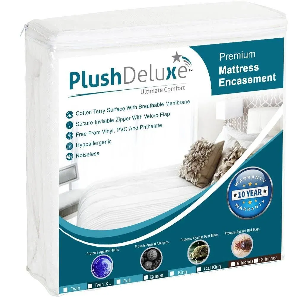 PlushDeluxe Premium Zippered Mattress Encasement, Waterproof, 6-Sided Protector