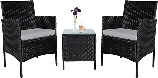 Incbruce 3 Piece Patio Chairs Outdoor Black Wicker Chair Small Patio Furniture, Front Porch Furniture Patio Chairs Set of 2 with Glass Top Coffee