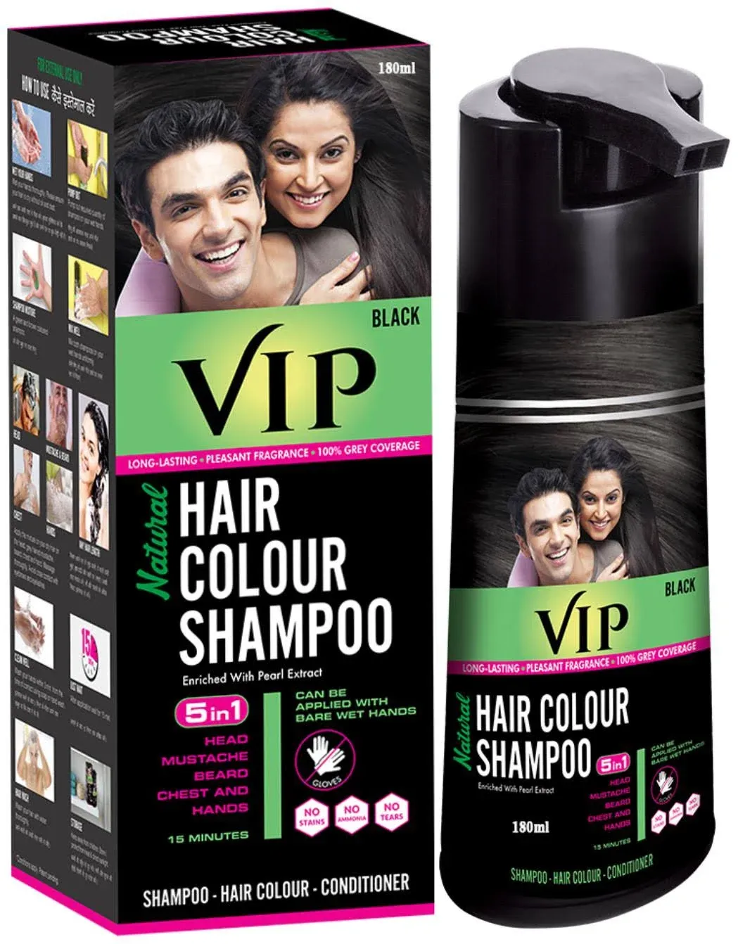 VIP Hair Colour Shampoo 5 In 1- 180 ML -Head,Moustache,Beard,Chest, Hand