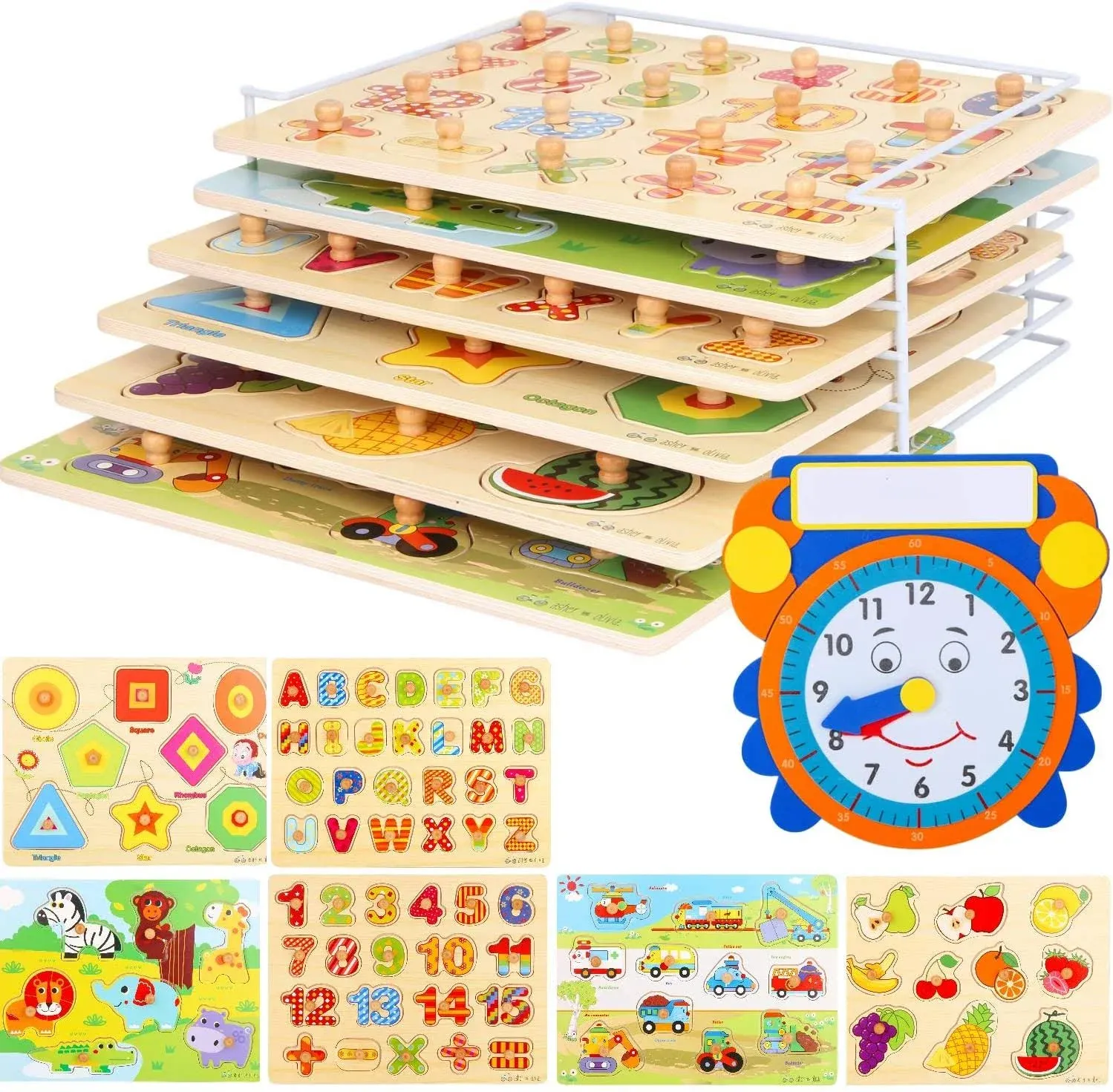  Toddler Puzzles and Rack Set, Wooden Peg Puzzles Bundle with Storage Holder 