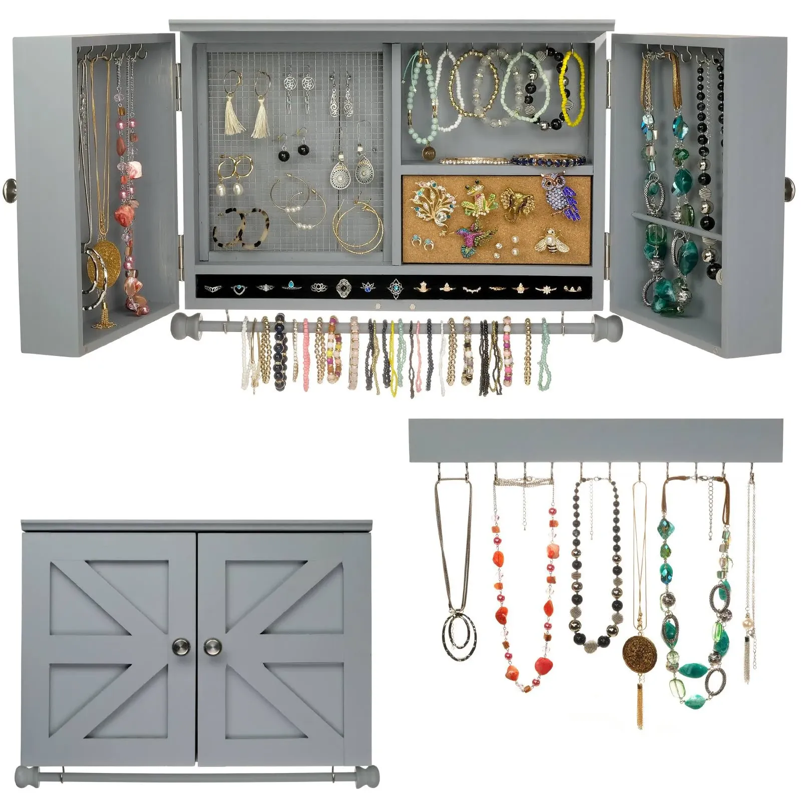 Excello Global Products Rustic Wall Mounted Jewelry Organizer with Wooden Barndoor Decor