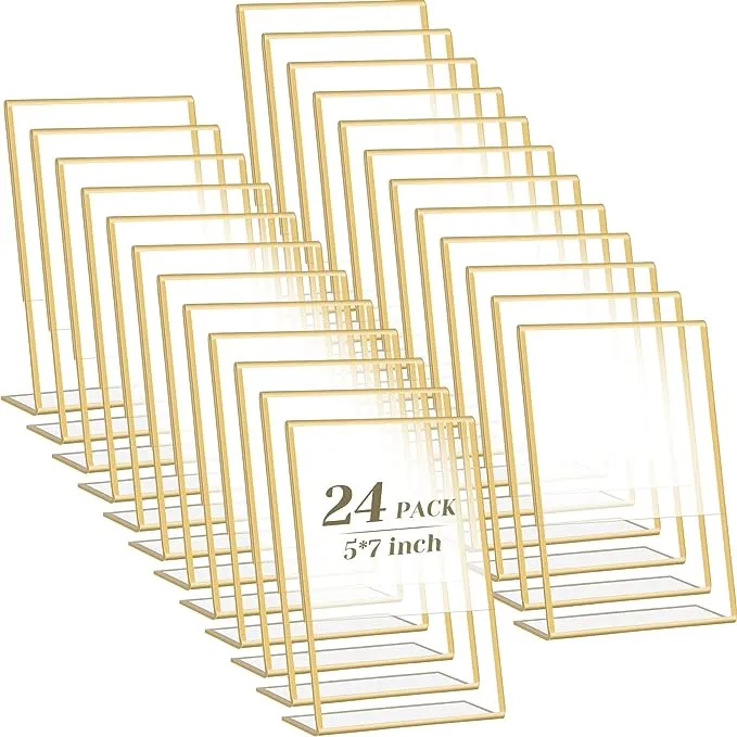 24 Pack Acrylic Sign Holder with Gold Borders, Gold Picture Frame Plastic Display Holder Clear Paper Holder with Vertical Slant Back Table Menu Stands for Wedding Office Restaurant (4 x 6 Inch)