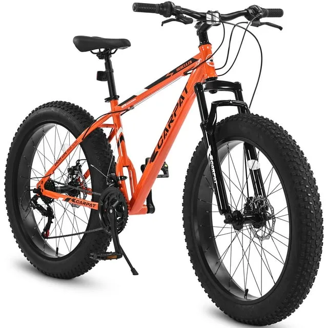 S26109  Elecony 26 Inch Fat Tire Bike Adult/Youth Full Shimano 21 Speed Mountain Bike, Dual Disc Brake, High-Carbon Steel Frame, Front Suspension, Mountain Trail Bike, Urban Commuter City Bicycle