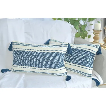 Boho Throw Pillow Covers 18x18 Set of 2 Farmhouse Decorative Accent Woven Pillow Covers for Couch Bed Living Room Home Decor, Navy Blue and Cream White