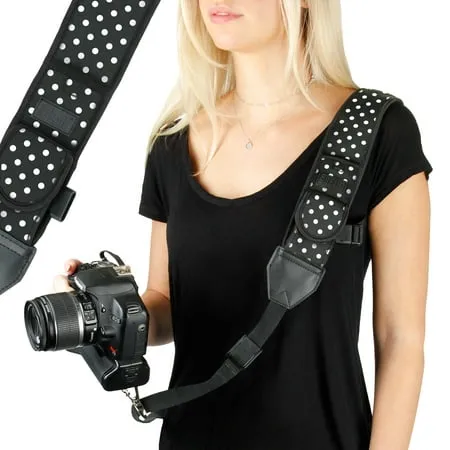 USA Gear Camera Sling Shoulder Strap - Adjustable Neoprene, Safety Tether, Accessory Pocket, DSLR Strap Quick Release - Compatible with Canon, Nikon, Sony and More DSLR Mirrorless Cameras (Polka Dot)