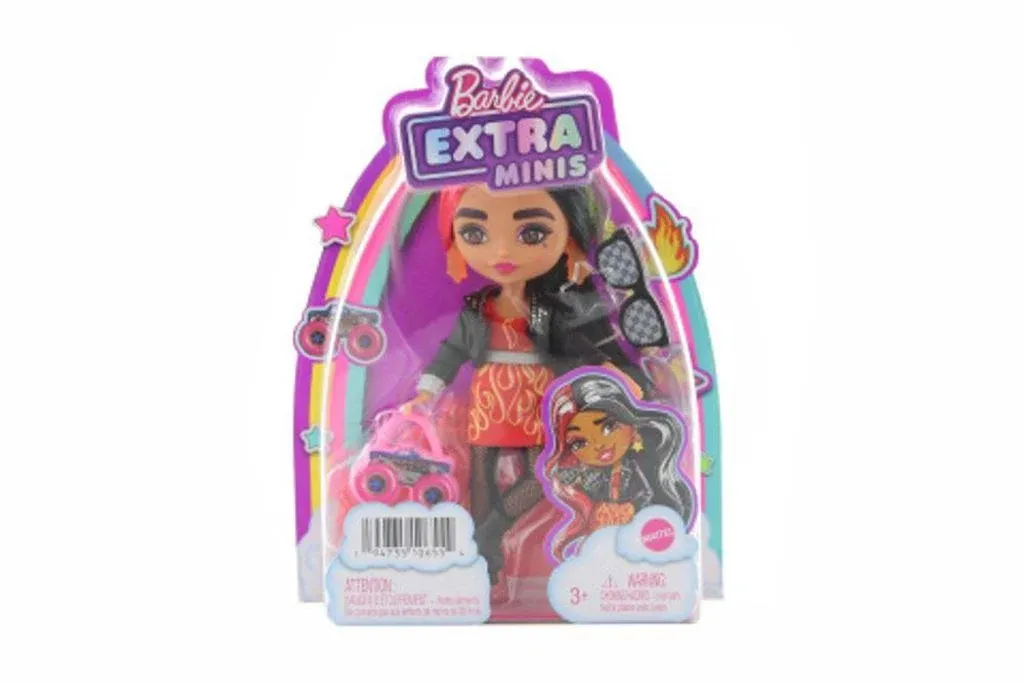 Barbie Extra Minis Doll & Accessories with Red & Black Hair Wearing Flame-Print Dress & Moto Jacket, 5.5-inch