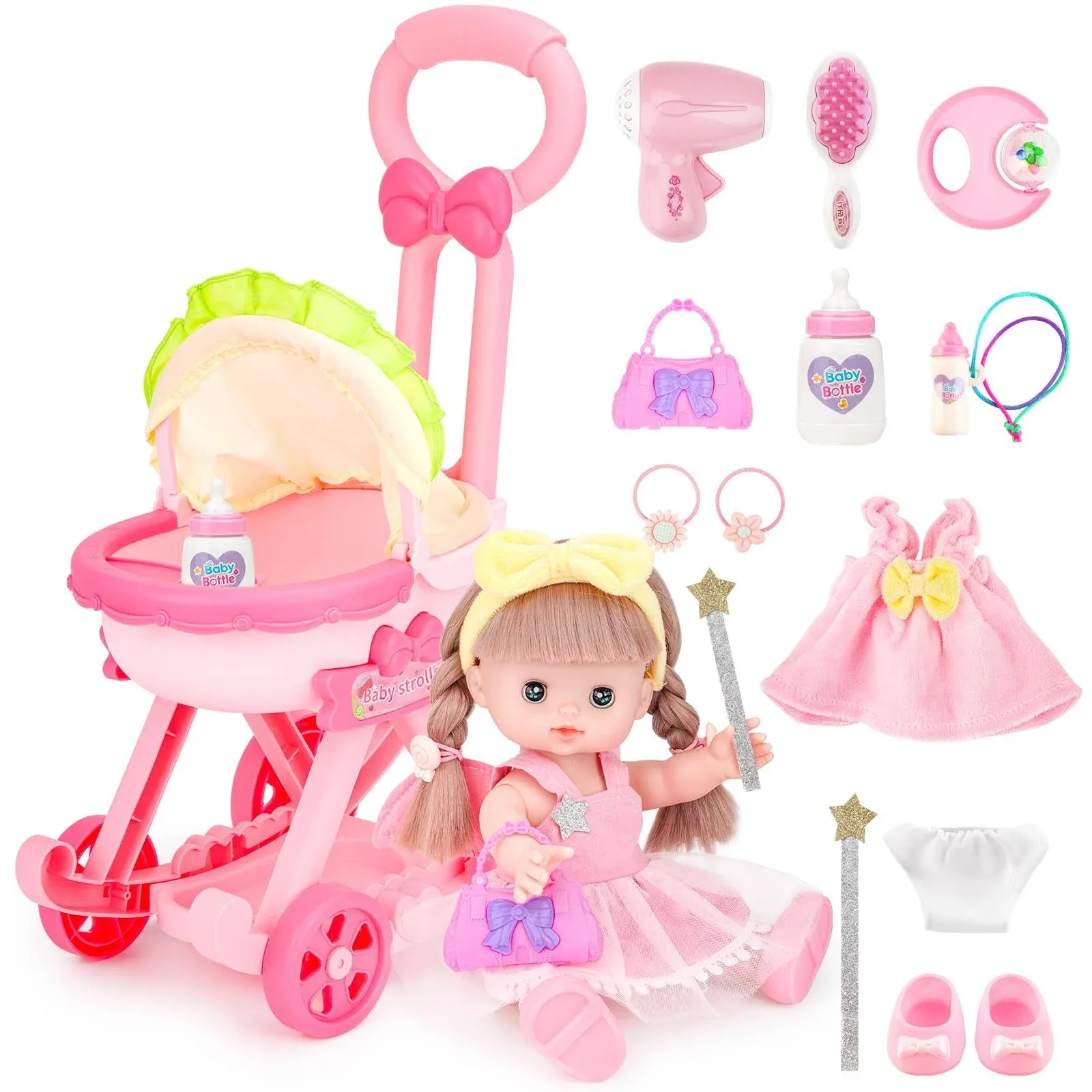 deAO Baby Doll Stroller with 12 inch Doll,12&#034; Baby Doll Role Play Set with Fo...