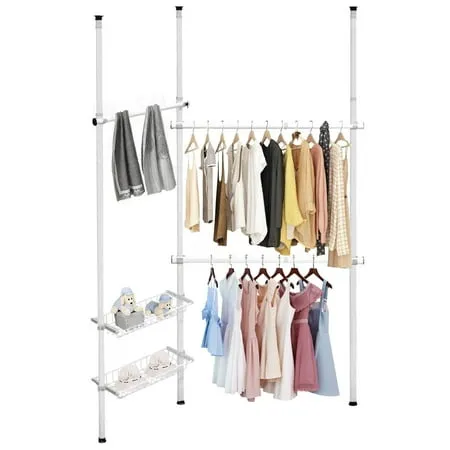 Giantex Double 2 Tier Adjustable Closet System Floor to Ceiling Clothes Hanger with 2 Storage Baskets & Inner Spring Clothing Garment Rack Telescopic Closet Organizer for Living Room Bedroom