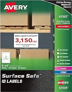 AVERY Surface Safe Durable ID Labels, Removable Adhesive, Water Resistant, 4" x 6", 100 Labels (61505), White