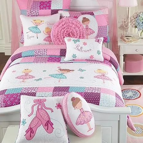 Cozy Line Home Fashions Ballerina Dance Princess Girl 100% Cotton Reversible Bedding Quilt Set, Bedspread Coverlet for All Seasons (Pink Embroidered, Twin - 2 Piece)