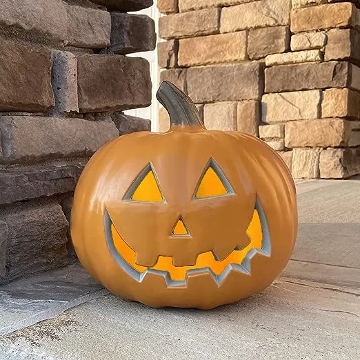 Halloween Pumpkin JackoLantern - Jack O Lantern Decorations for Halloween - Round Lightened Pumpkin for Front Porch, Party, Front Door, Fireplace Mantle Decorations, 9in Smile