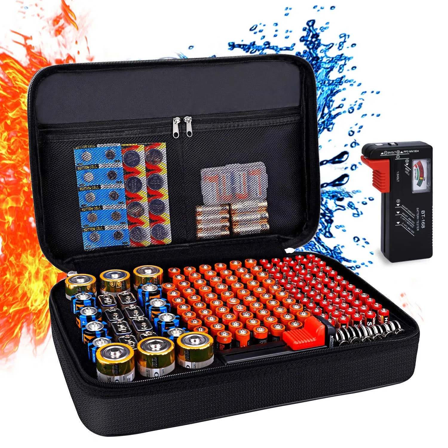 Fireproof Battery Organizer Storage Case with Tester BT-168, Waterproof & Explosion-Proof Safe Bag, Carrying Container Bag - Holds 220+ Batteries AA AAA C D 9V (Batteries not Included)