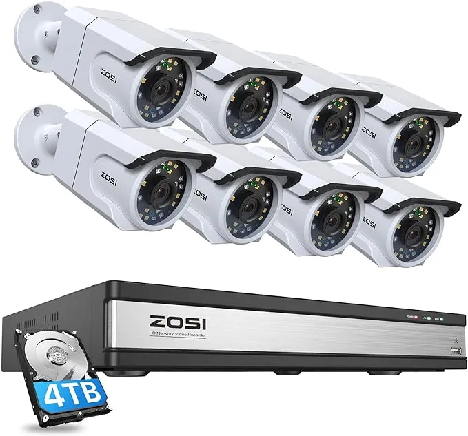 ZOSI 24CH 4K PoE Security Camera System with Audio,8pcs 8MP 4K PoE Cameras Outdoors,Color Night Vision,Human Detection,Smart Light Alarm,16 Port 24CH NVR with 4TB HDD for Home Business 24/7 Recording