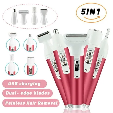 AMERTEER Hair Remover for Women Painless 5 in 1 Electric Shaver USB Rechargeable Eyebrow Nose Trimmer Body Waterproof Bikini Facial Hair Removal for Women (Pink)