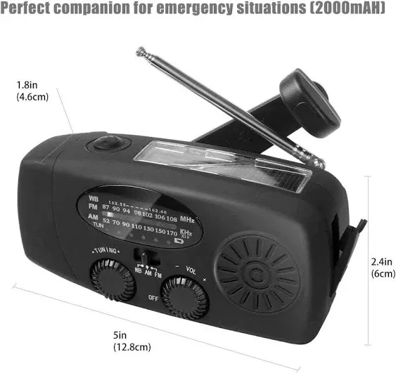 Emergency Solar Hand Crank Weather Radio With LED Flashlight 2000mAh Solar Power