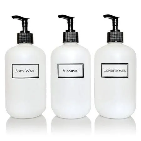 Silkscreened Empty Shower Bottle Set for Shampoo, Conditioner, and Body Wash ...