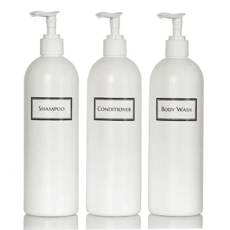 Silkscreened Empty Shower Bottle Set for Shampoo, Conditioner, and Body Wash, Cosmo/Bullet 16 oz 3-pack, White (Black Pumps)