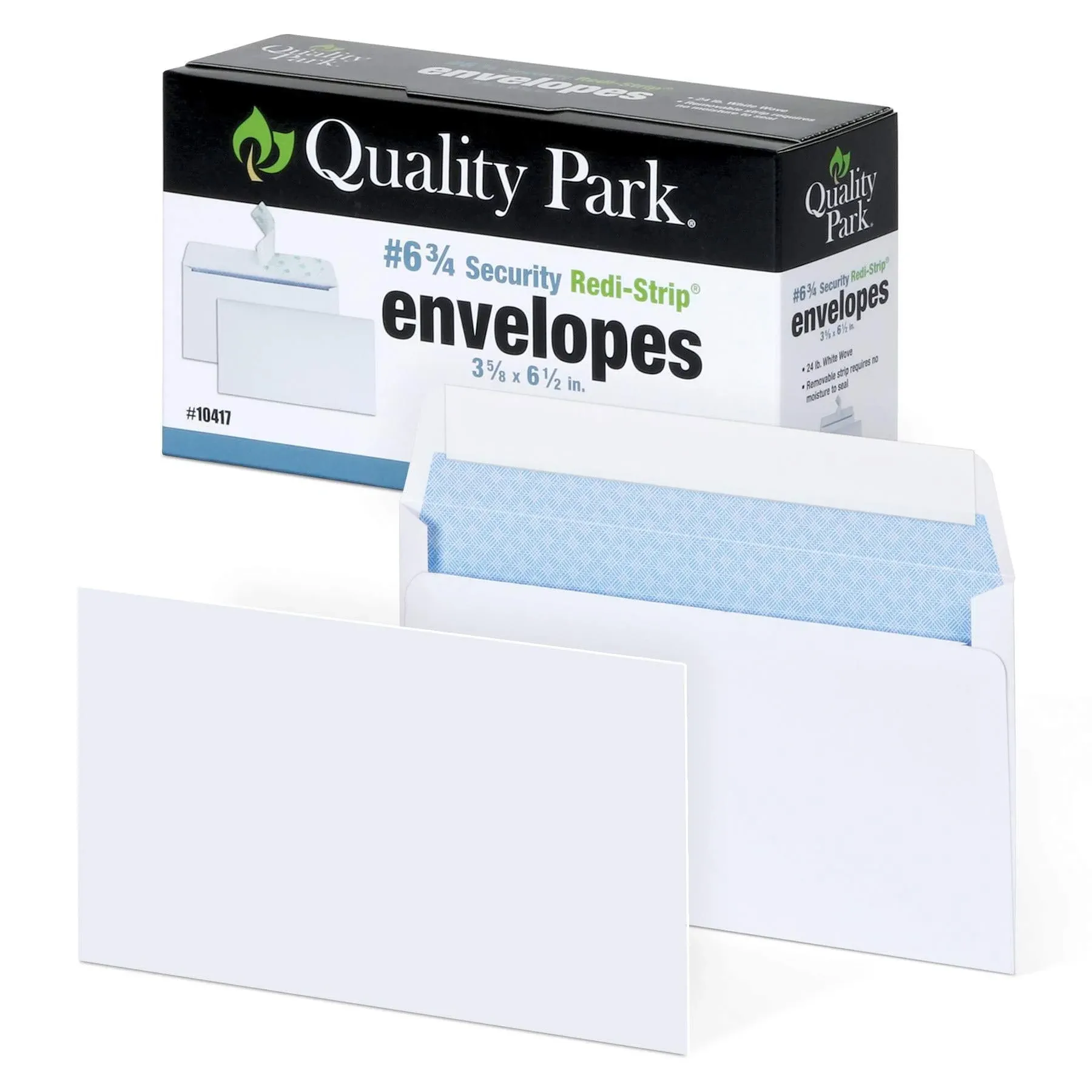 Quality Park #6 3/4 Self-Seal Security Envelopes, Security Tint and Pattern, Redi-Strip Closure, 24-lb White Wove, 3-5/8 x 6-1/2, 100/Box (QUA10417)