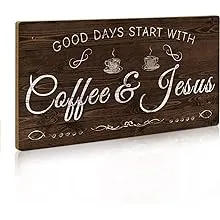 Putuo Decor Coffee Sign, Kitchen Coffee Bar Decor, 12 x 6 Hanging Plaque, Gifts for Coffee Lover (Good Days Start with Coffee & Jesus)