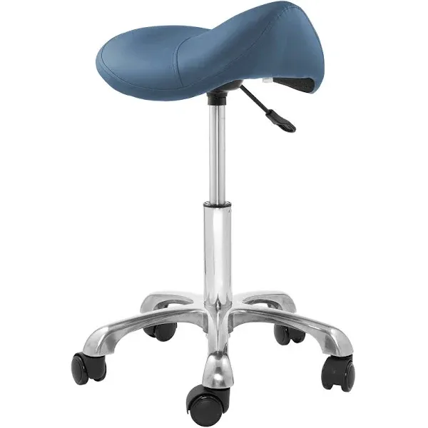 Saloniture Professional Ergonomic Saddle Stool, Blue - Adjustable Hydraulic Seat, Rolling Spa Salon, Massage, and Medical Office Chair with Swivel.