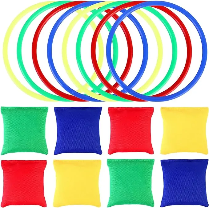 OOTSR 16pcs Nylon Bean Bags Plastic Rings Game Sets for Kids Ring Toss Game Booth Carnival Garden Backyard Outdoor Games Speed and Agility Training Games(8x8cm Bean Bag)