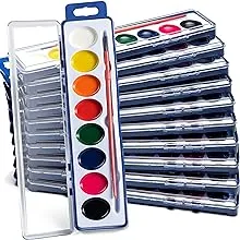 Watercolor Paint Sets for Kids - Bulk Pack of 12, 8 Washable Water Color Paints in Palette Tray and Painting Brush for Coloring, Art, Party Favors, Classrooms and Paint Party Supplies