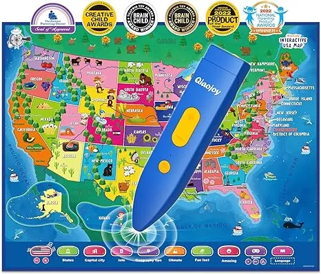 Qiaojoy Bilingual Interactive Map for Kids Talking USA Map for Kids Learning ...