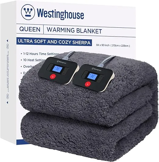 Westinghouse Electric Blanket Queen Size, Soft Plush Sherpa Heated Blanket with 10 Heating Levels & 1-12 Hours Auto-Off, Machine Washable, 84x90 inches, Darkgrey