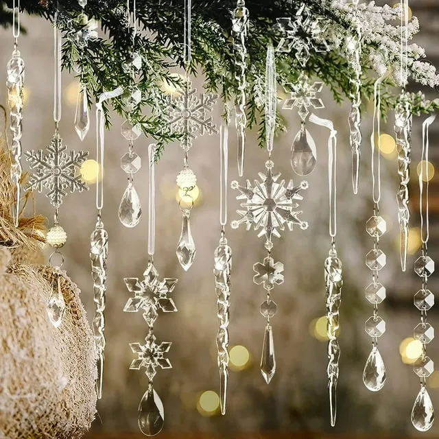 GuassLee 18pcs Crystal Christmas Tree Ornaments - Iridescent Acrylic Snowflake Icicle Drop Crystal Hanging Ornaments for Tree Iridescent Party Decor Christmas Frozen Themed Birthday Decor