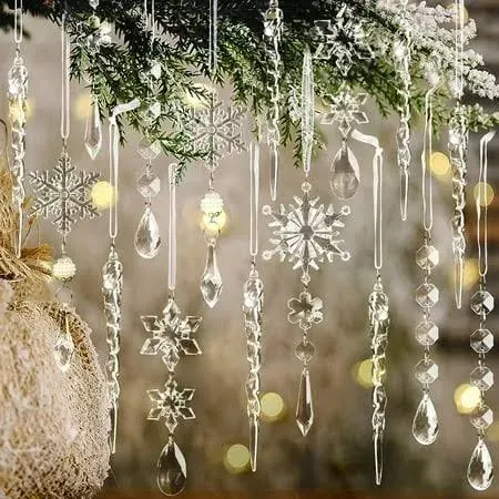 Guasslee 18pcs Christmas Tree Decoration Crystal Ornaments Hanging Acrylic Snowflake Drop Ornament